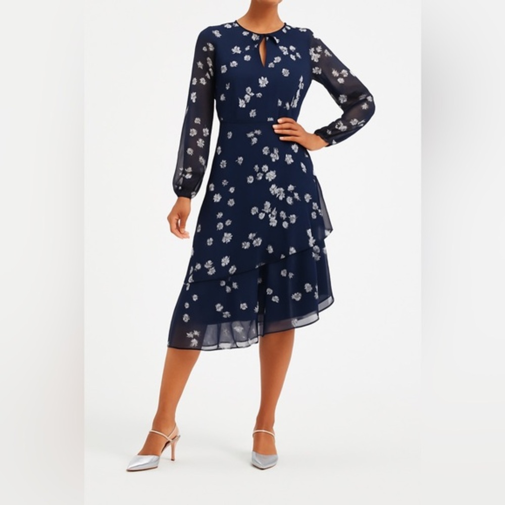 Banana Republic Navy Floral Long Sleeve Tiered Midi Dress – Size 2